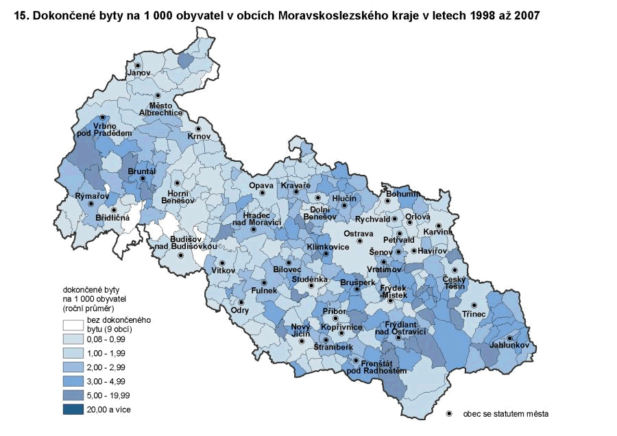Kartogram 15. Dokončené byty na 1 000 obyvatel v obcích Moravskoslezského kraje v letech 1998 až 2007